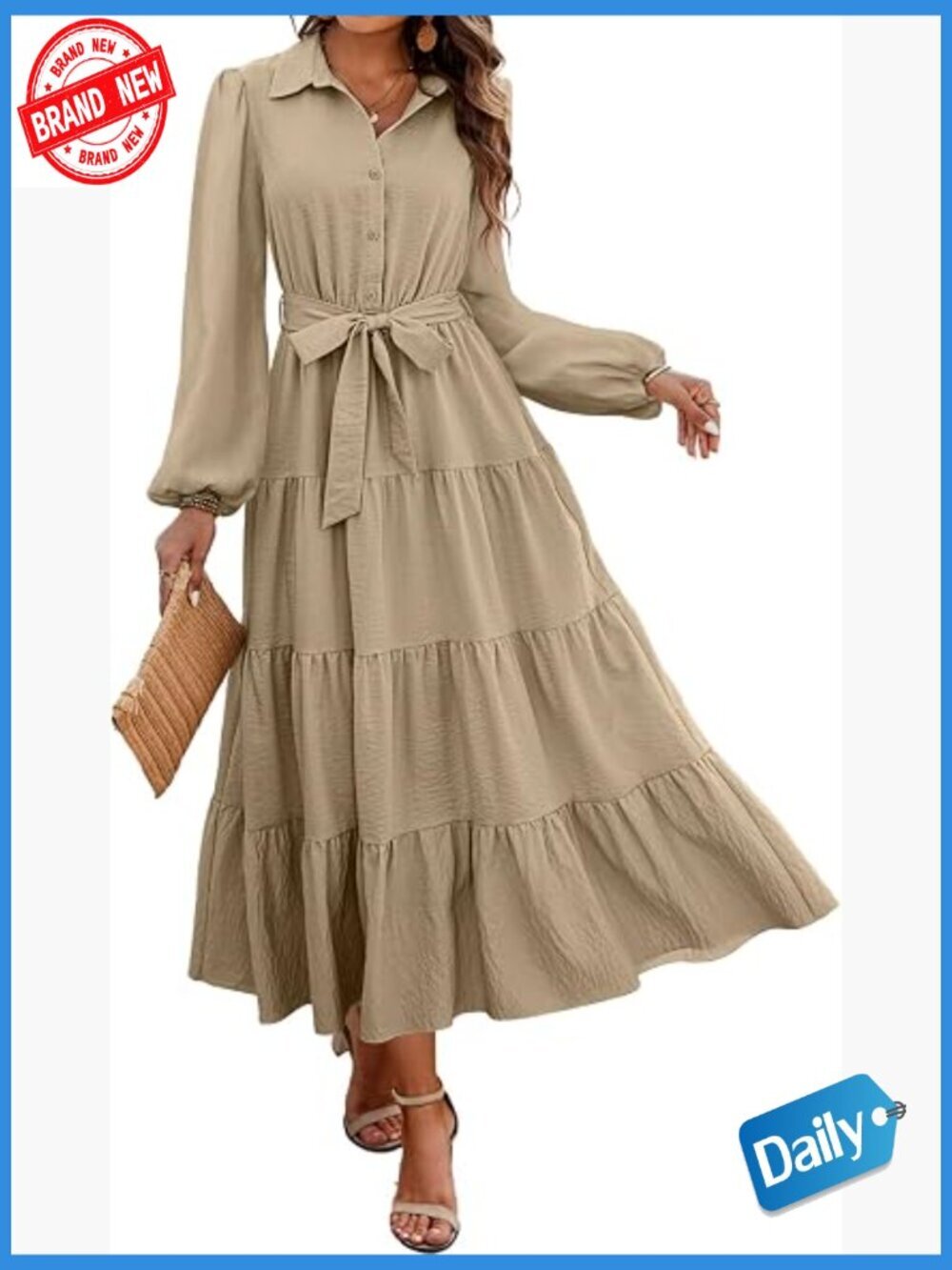 Long Sleeve Button Down Belted A-Line Flowy Maxi Dress with Pockets